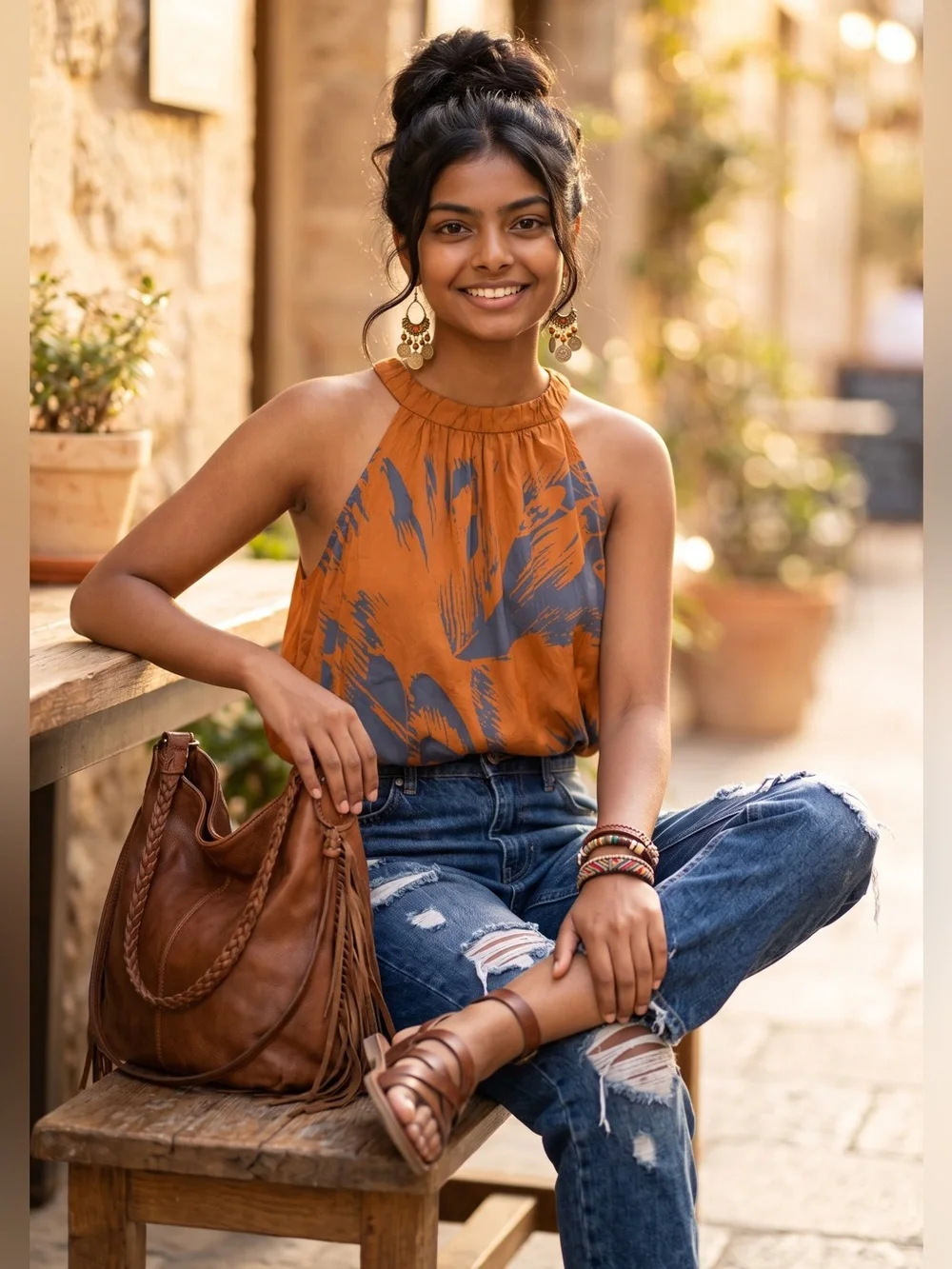 Gibson 100% Silk Rust Halter Camisole with Slate Brushstroke Print